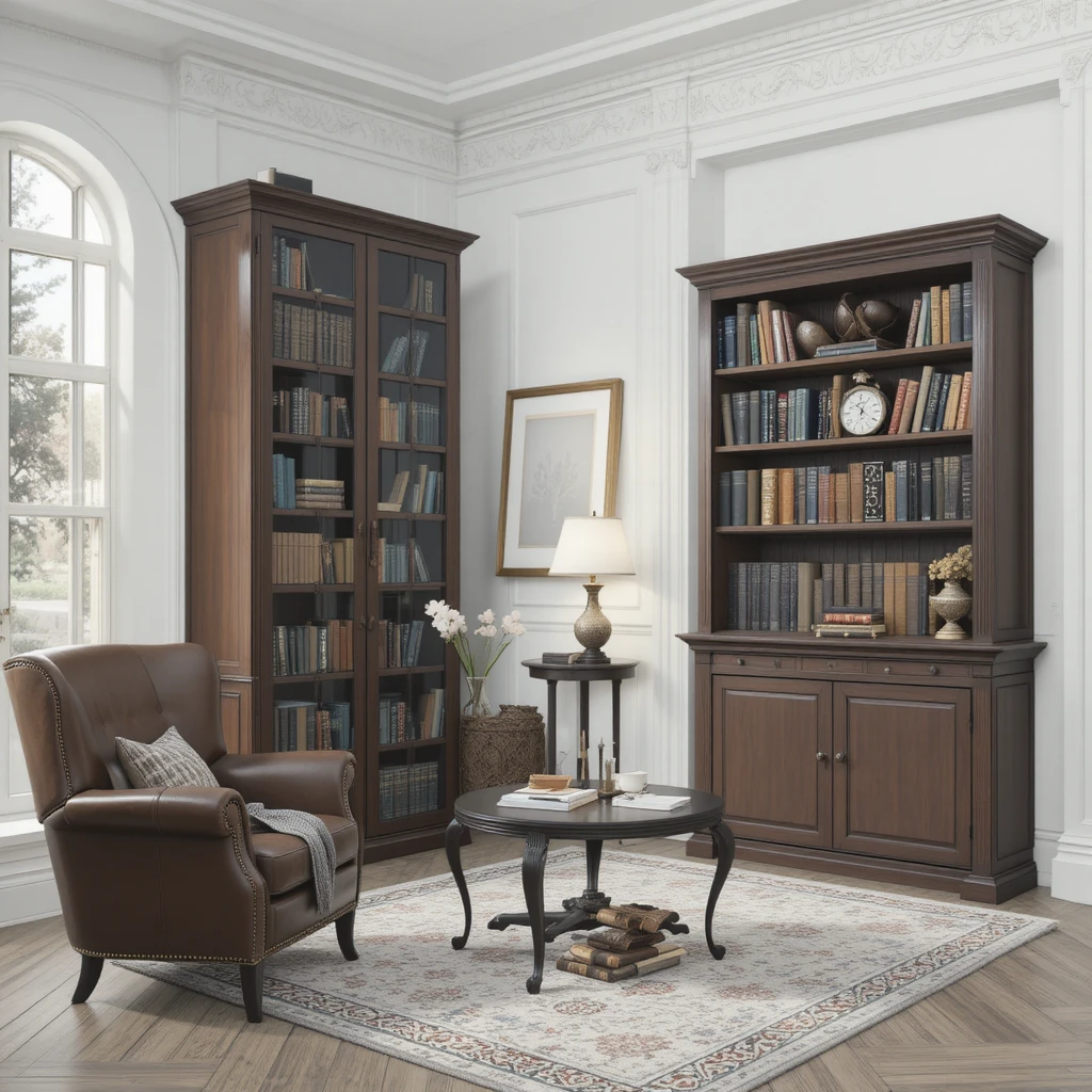 Canto de biblioteca aconchegante com poltrona de couro e luz morna de velas