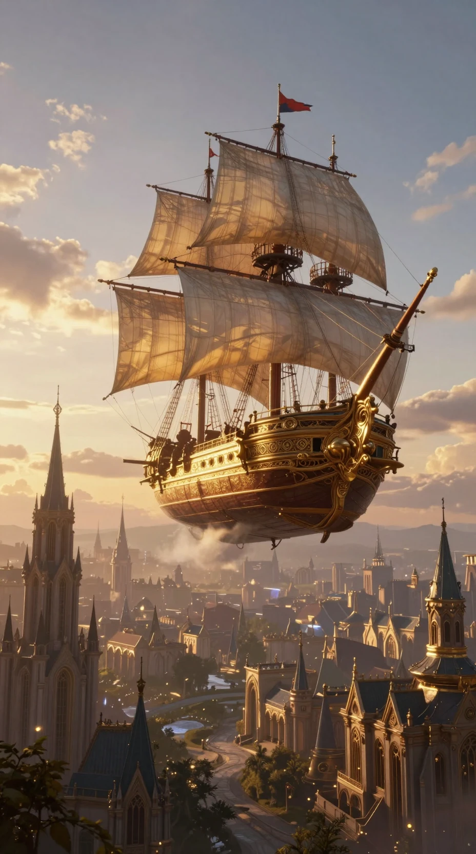 Dirigível fantástico majestoso sobre uma cidade medieval luminosa