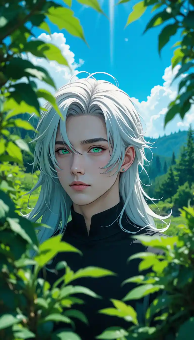 Hombre de anime de cabello plateado al sol entre follaje verde