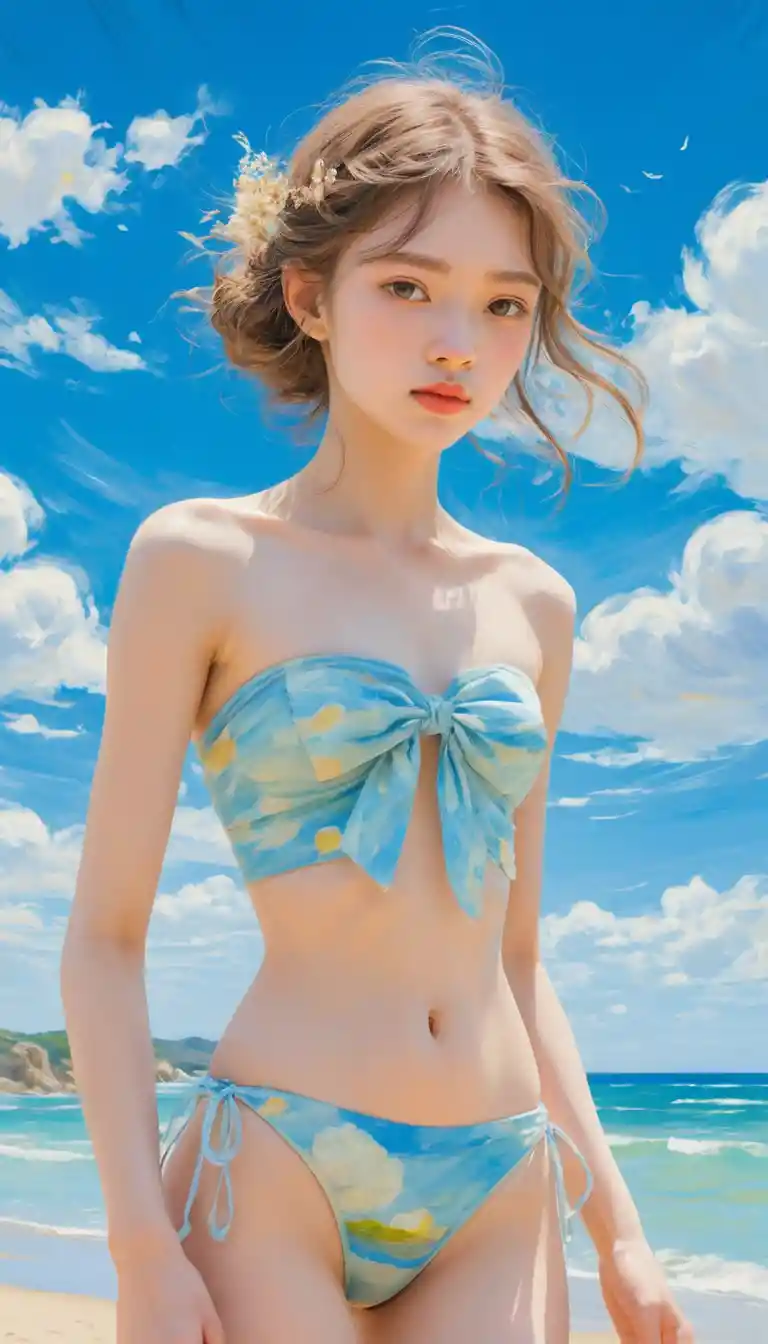 Anime girl in tiny bikini under soft dreamy sky