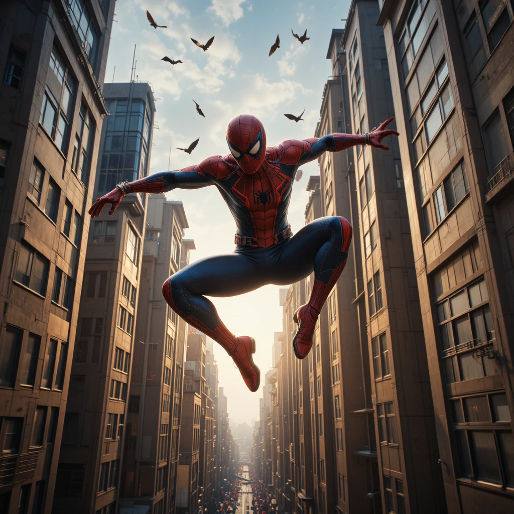 Super‑herói inspirado em aranha balançando sobre arranha‑céus da cidade