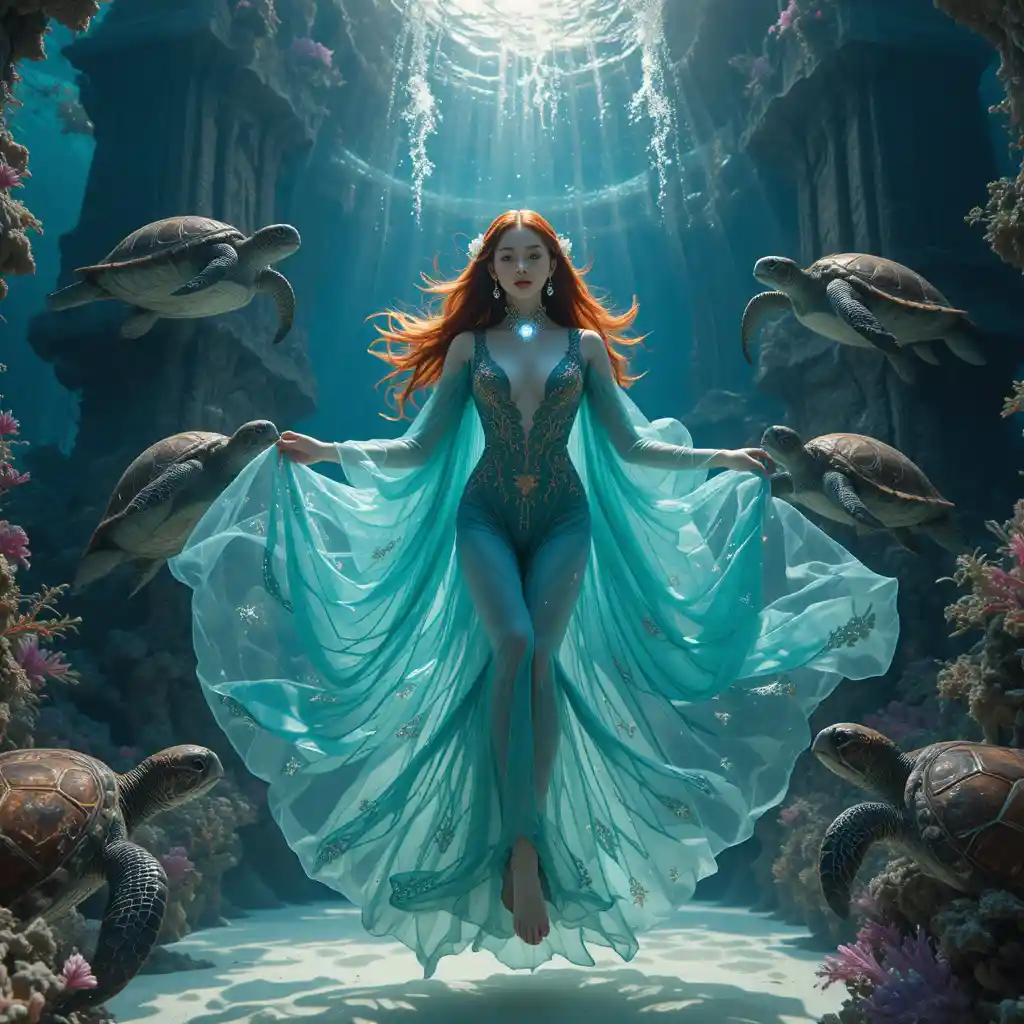 Korean woman floating in sunlit tropical underwater realm