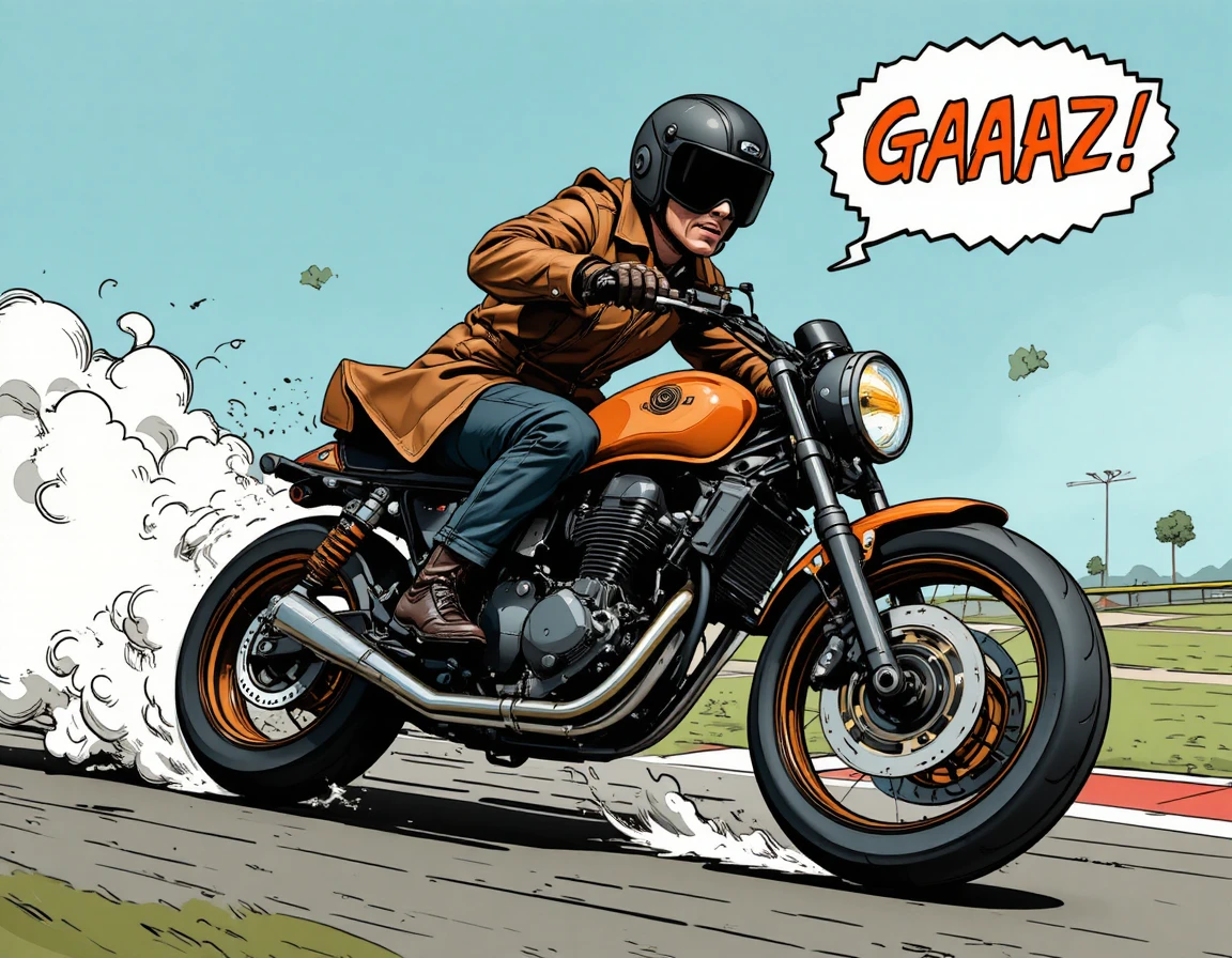 Coole Motorradfahrerin macht Wheelie auf schneller Rennstrecke