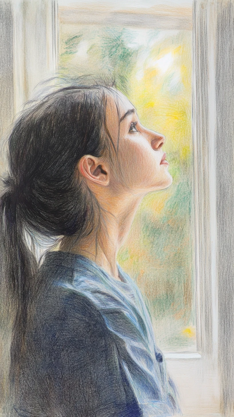 明亮花園窗邊沉思的辮子女孩
