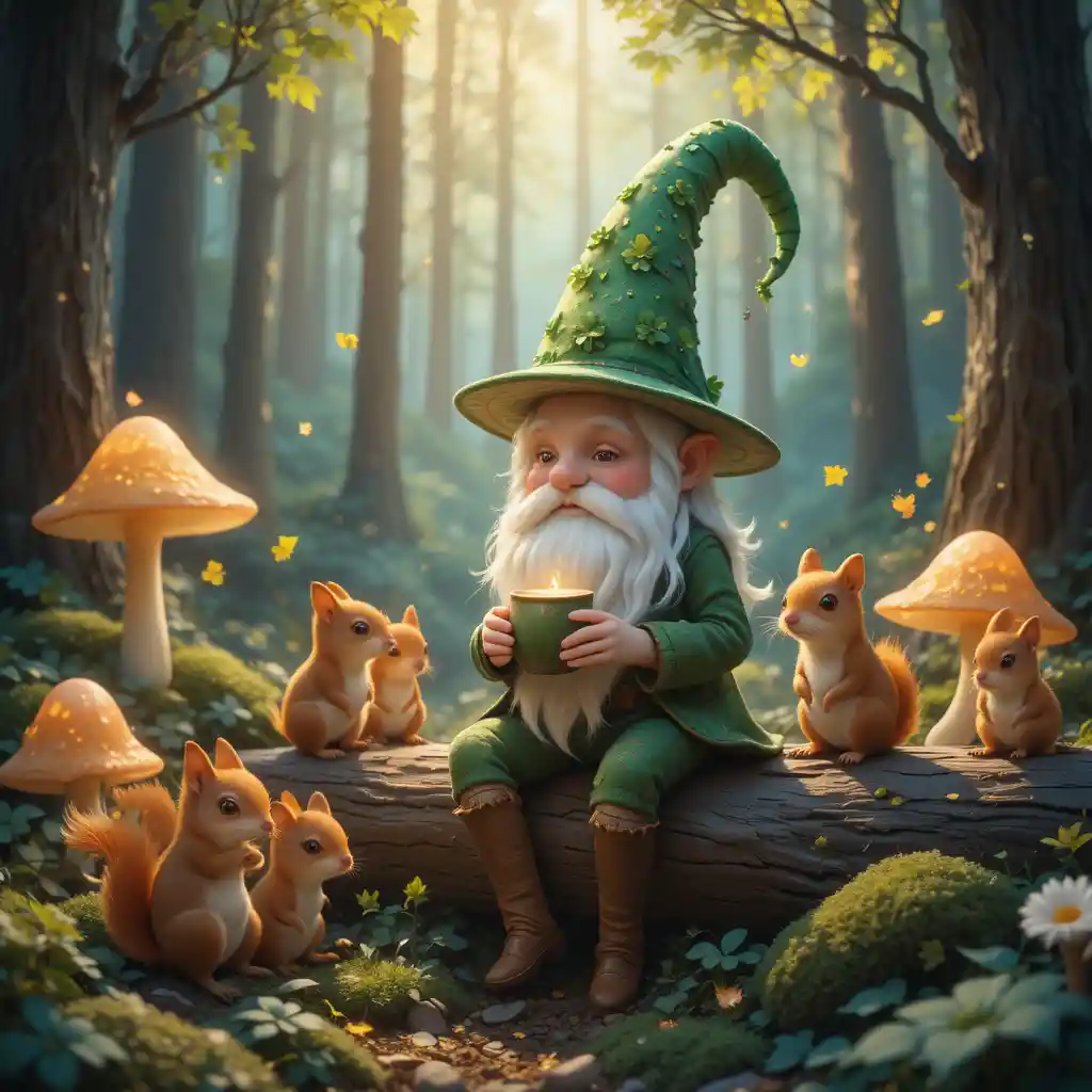 Gnomo da floresta fantasioso compartilhando café com esquilos