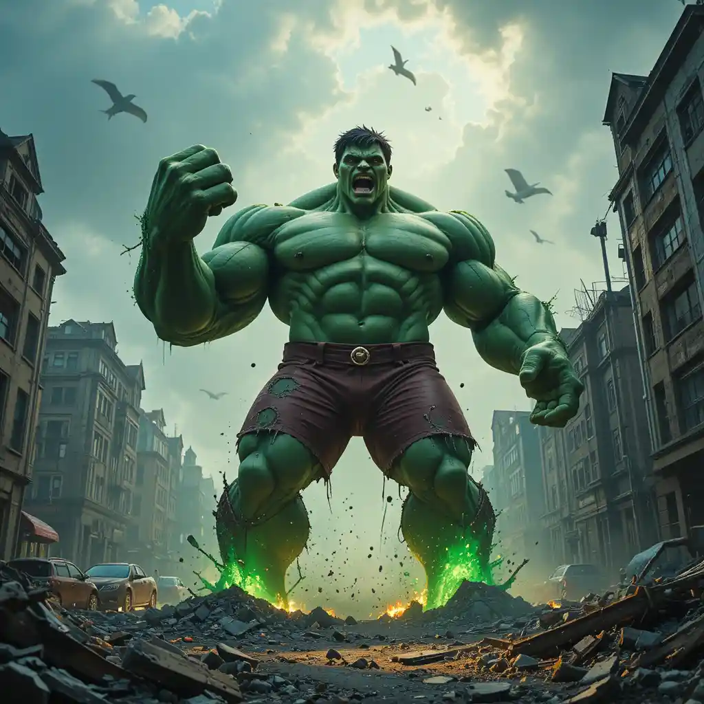 Gigante super‑herói verde rugindo em rua de cidade em ruínas