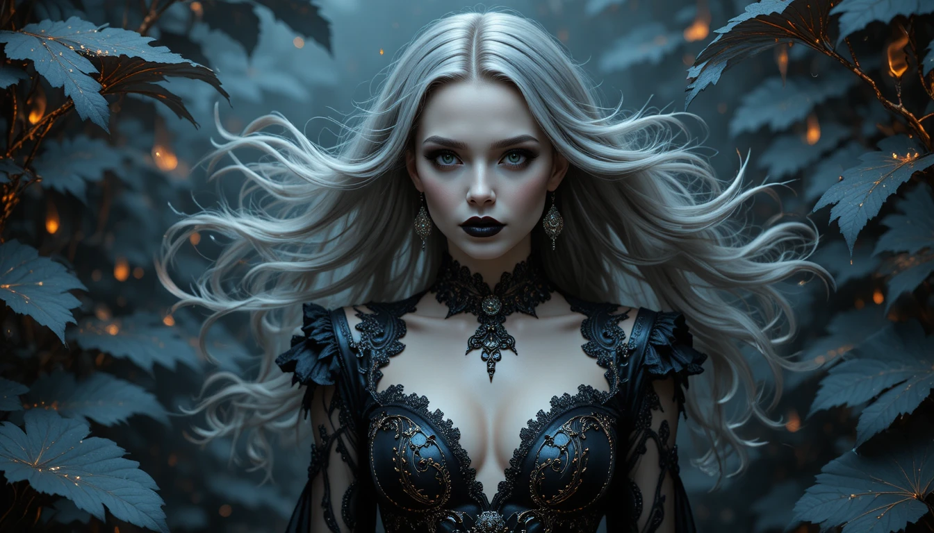 Gothic vampire woman walking through a surreal night world