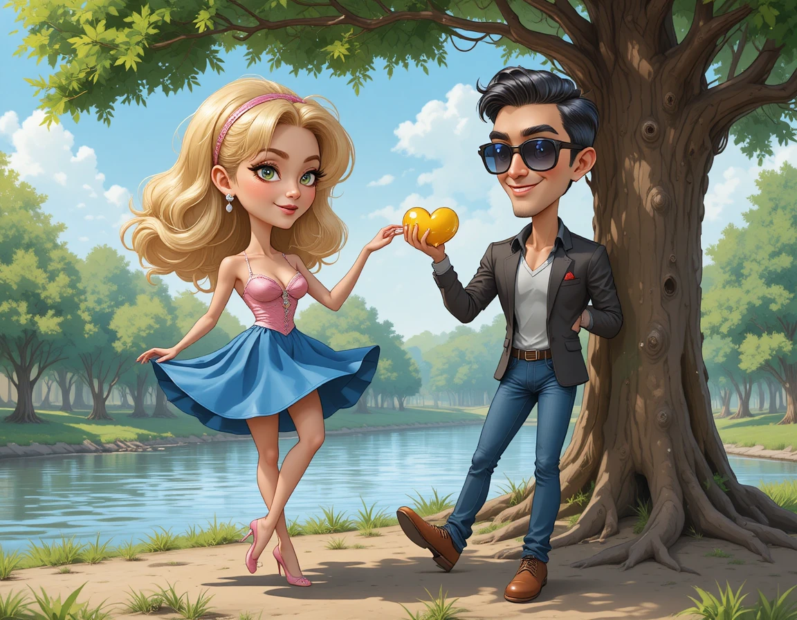 Blonde girl dancing in pink heels by a riverside tree