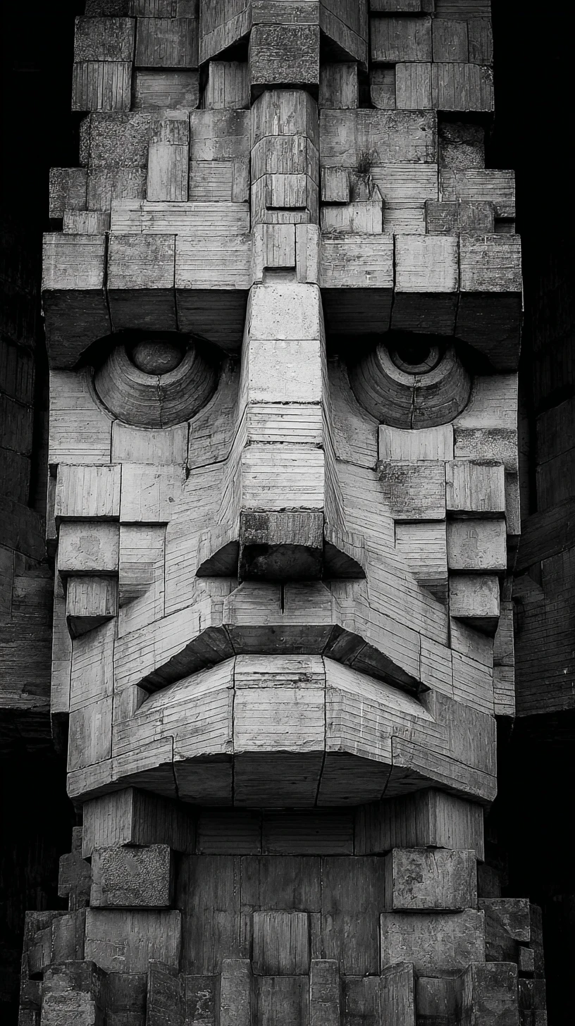 Monumentale brutalistische Betonfassade in Form eines menschlichen Gesichts