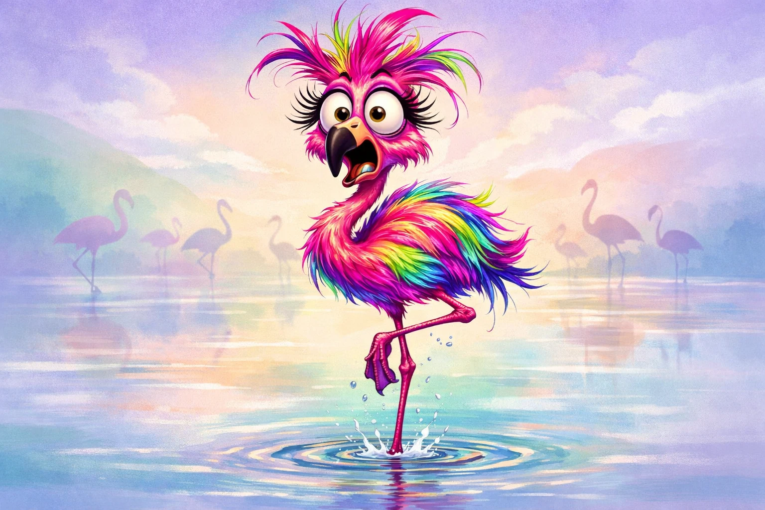 Flamingo neon em pé em uma perna na água