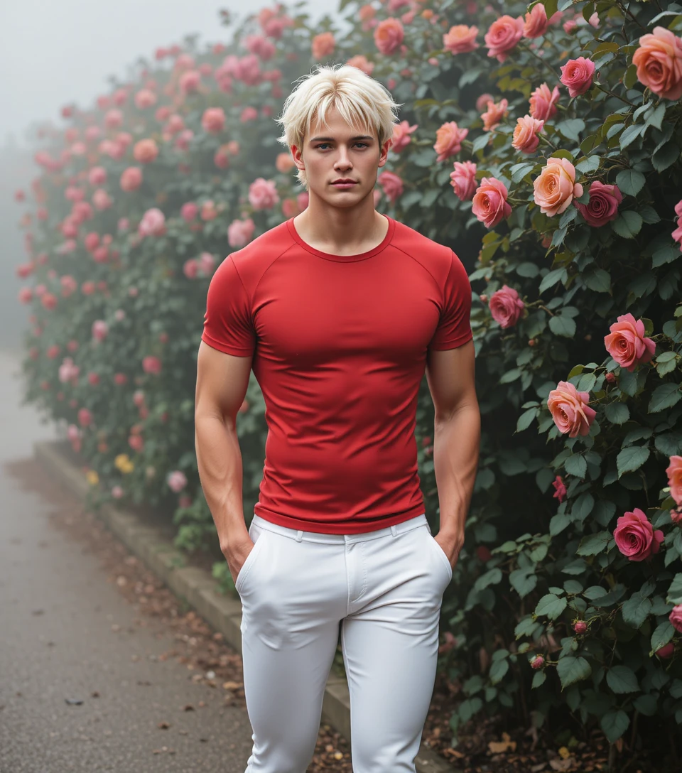Young blond man walking by colorful rose bushes