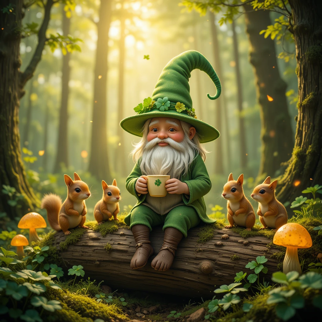 Gnome magique de la forêt se relaxant avec un café et des écureuils