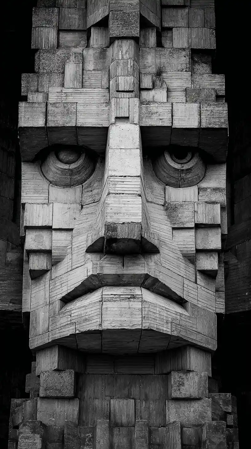 Monumentale brutalistische Betonfassade in Form eines menschlichen Gesichts