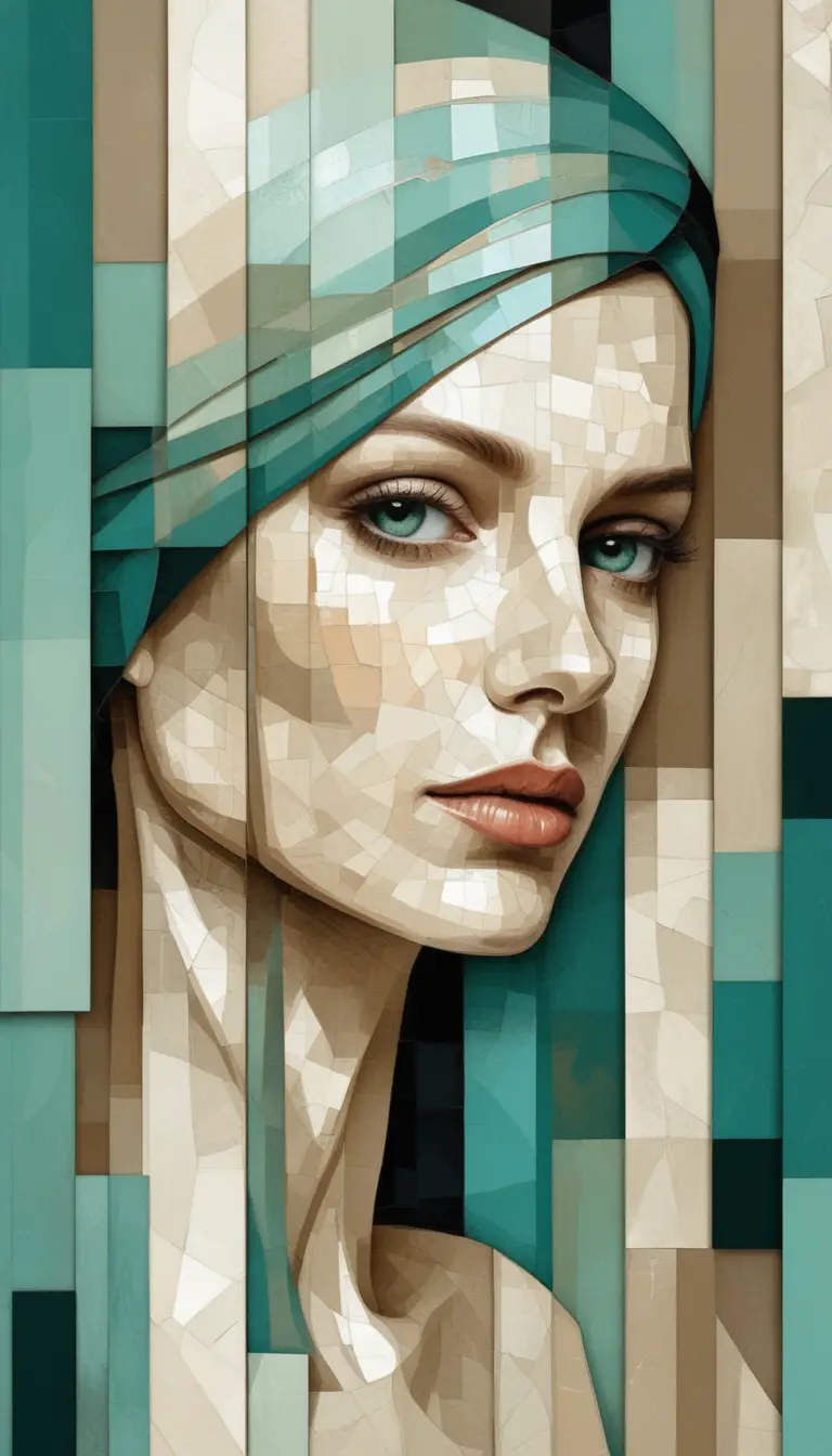 Portrait en buste art déco cubiste d’une femme pensive