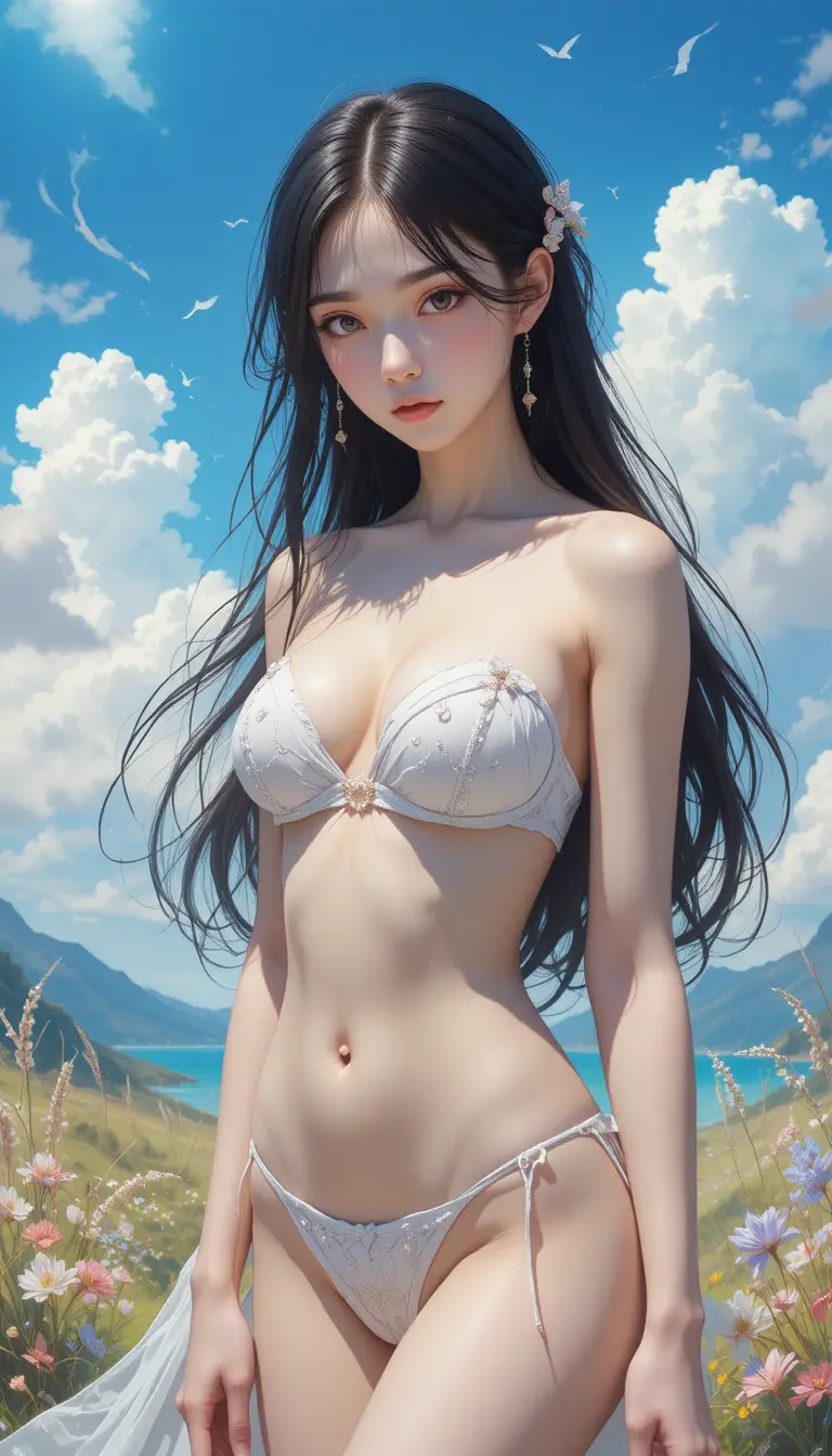 Anime girl in tiny bikini under soft pastel sky