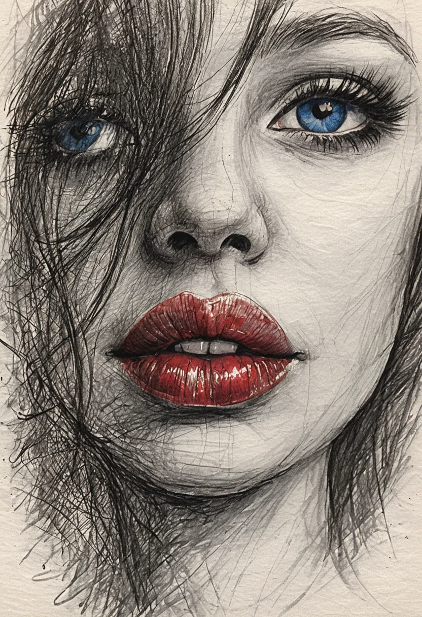 Close up drawing of a woman with piercing blue eye