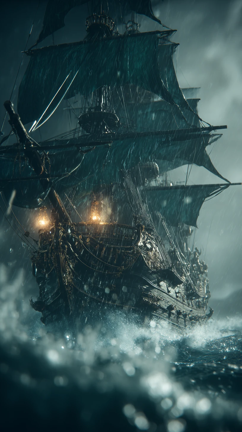Geister-Piratenschiff kämpft sich durch Sturm und leuchtende Wellen