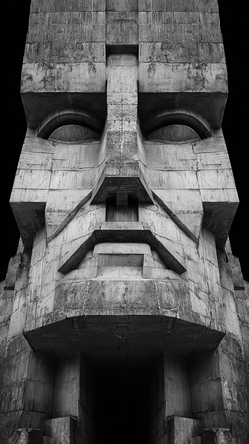 Monumentale brutalistische Betonfassade in Form eines menschlichen Gesichts