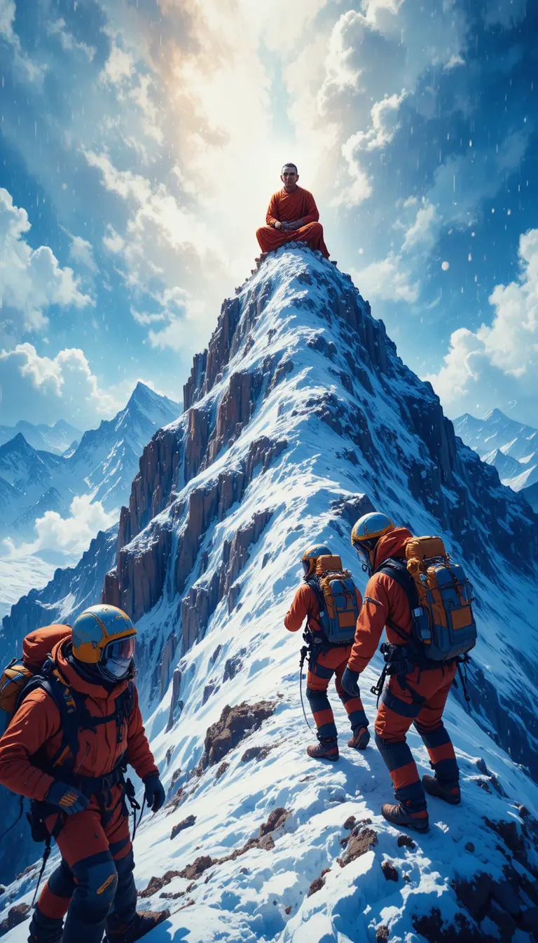 Mountaineers Reaching A Blizzard Swept Mountain Summit
