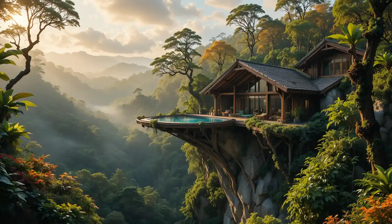 Luxury treehouse with infinity pool in misty rainforest
