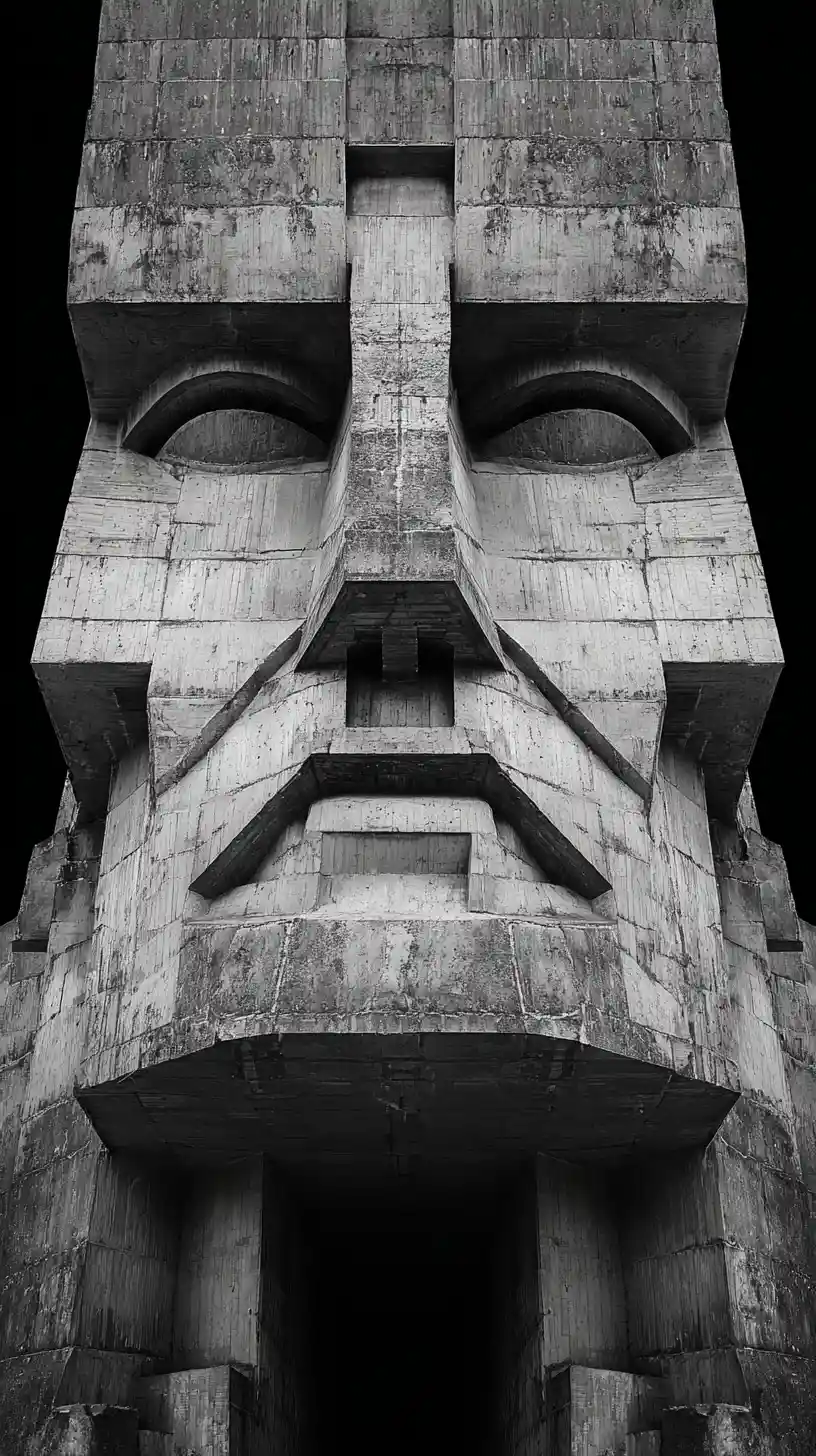 Fachada monumental brutalista de concreto formando um rosto humano