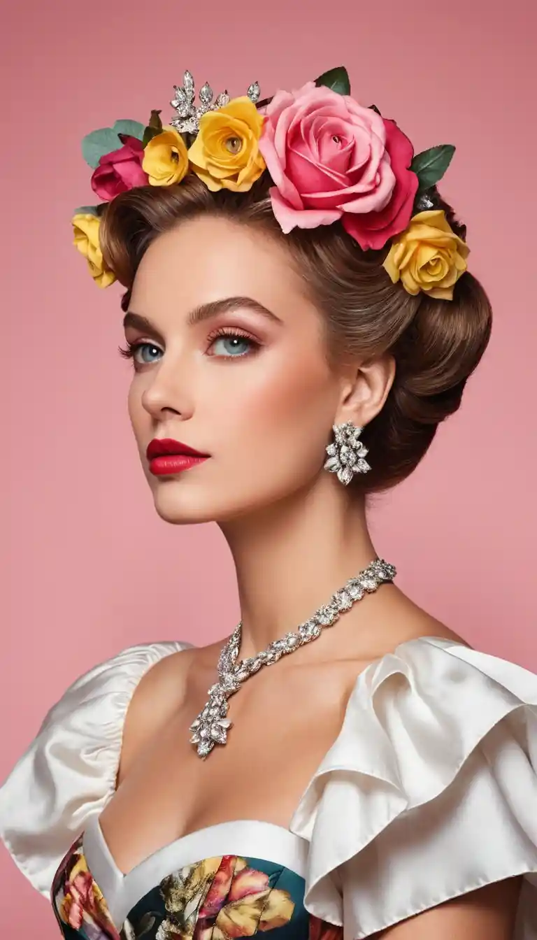 Elegante Frau im Retro-Kleid vor einem weißen Herrenhaus