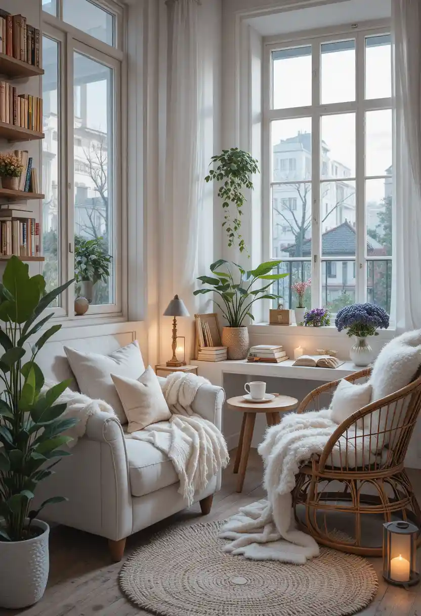 Cozy armchair reading nook with coffee and warm lamp light