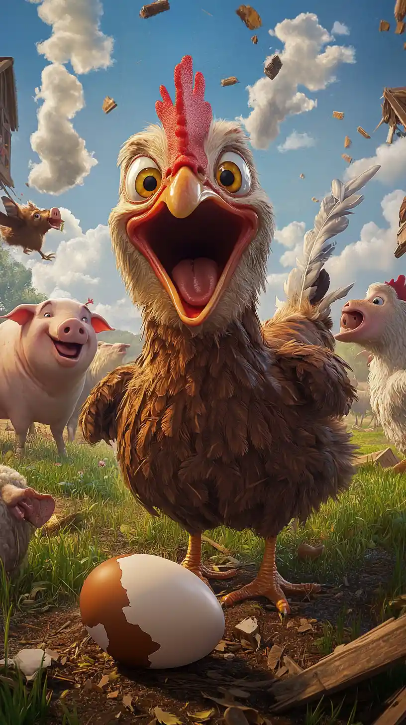 Laughing chicken beside smoking cracked egg on farm