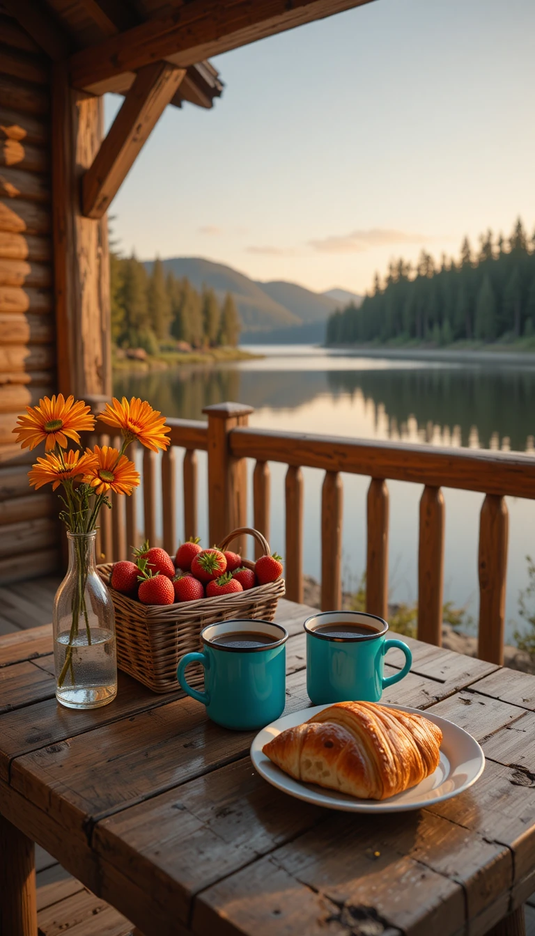 Gemütliches Frühstück auf einem Holzdeck an einem ruhigen See