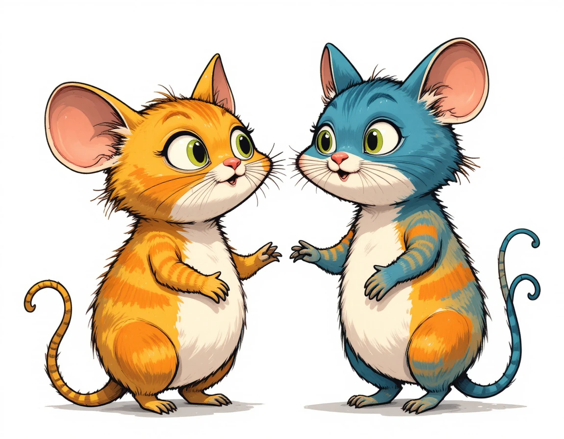 Adorable chat jaune de dessin animé tenant une minuscule souris bleue