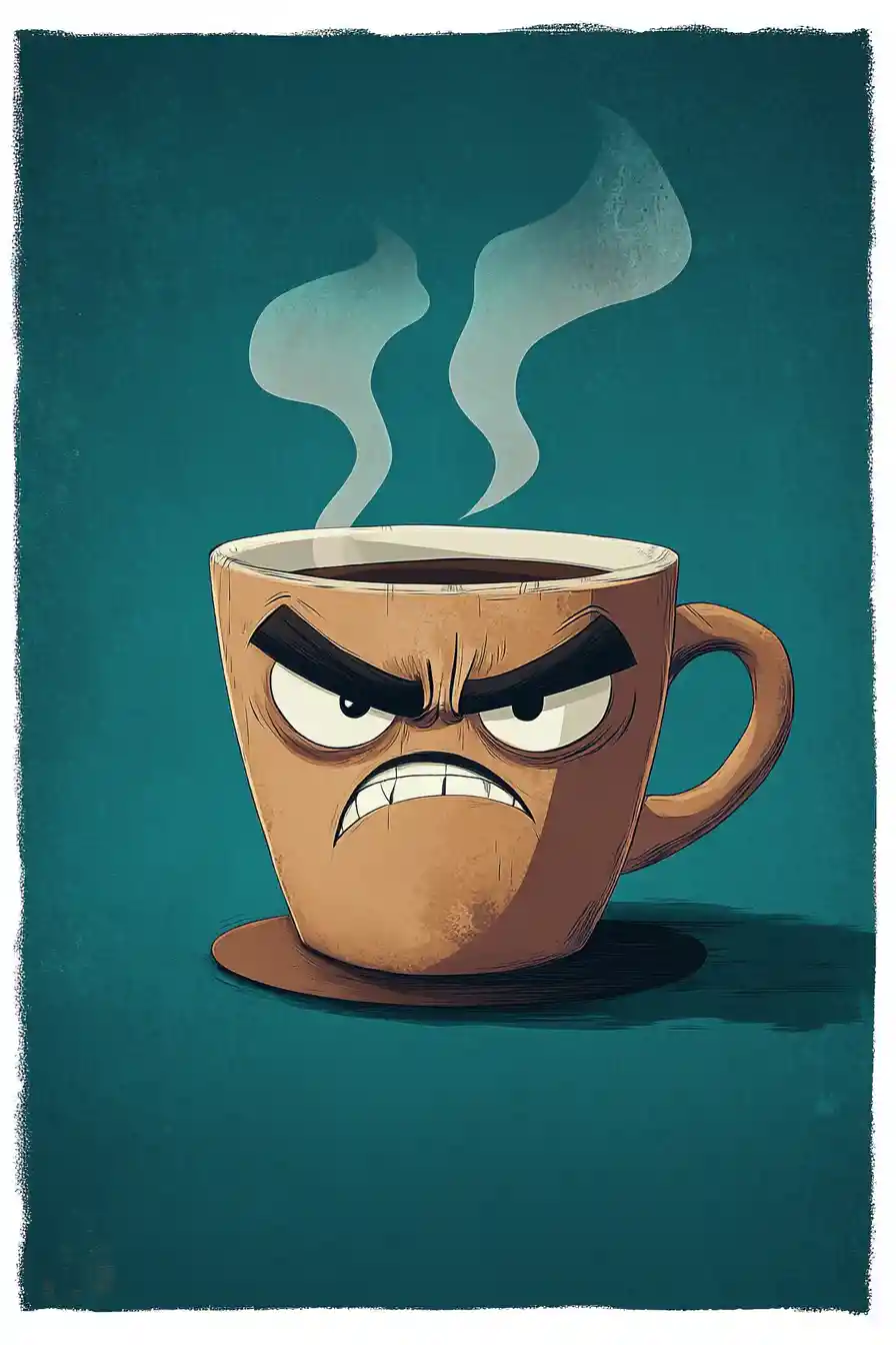 Annoyed coffee cup character with expressive steam eyebrows