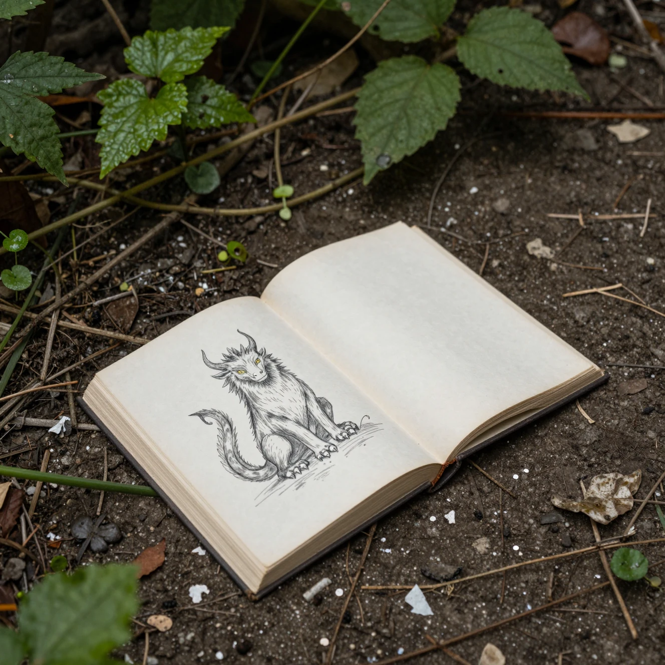 Libro rotto su un pavimento di foresta coperto di piante