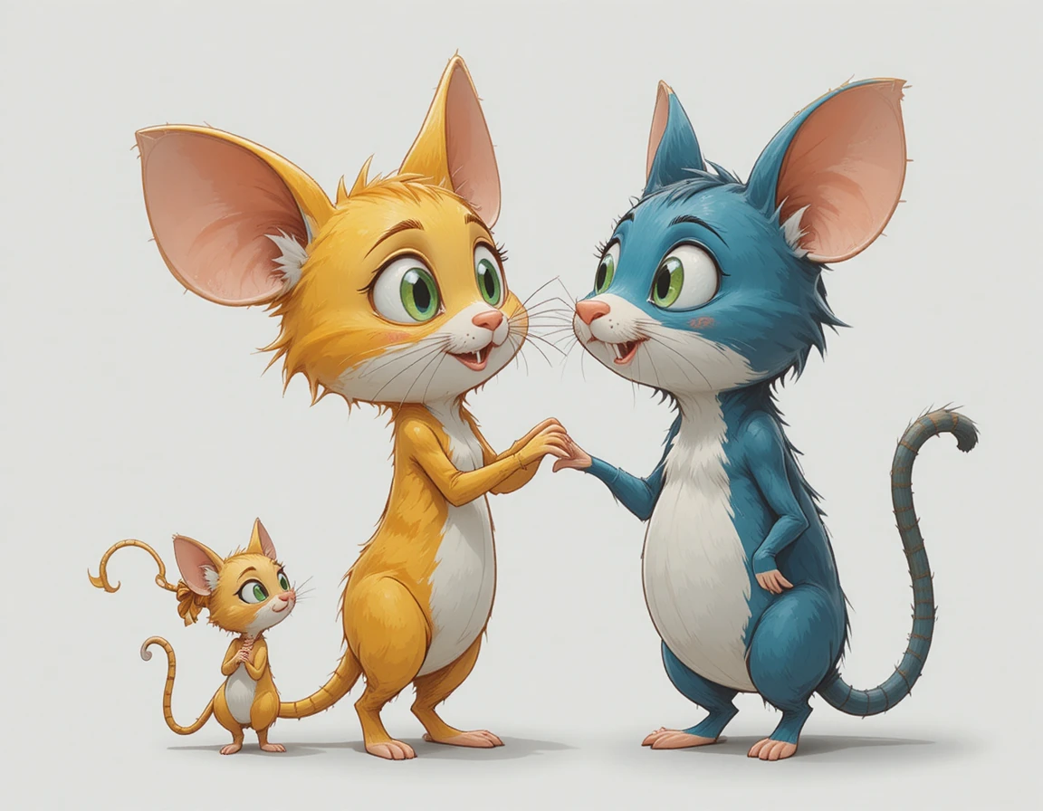 Gato amarelo brincalhão de desenho animado segurando um minúsculo rato azul