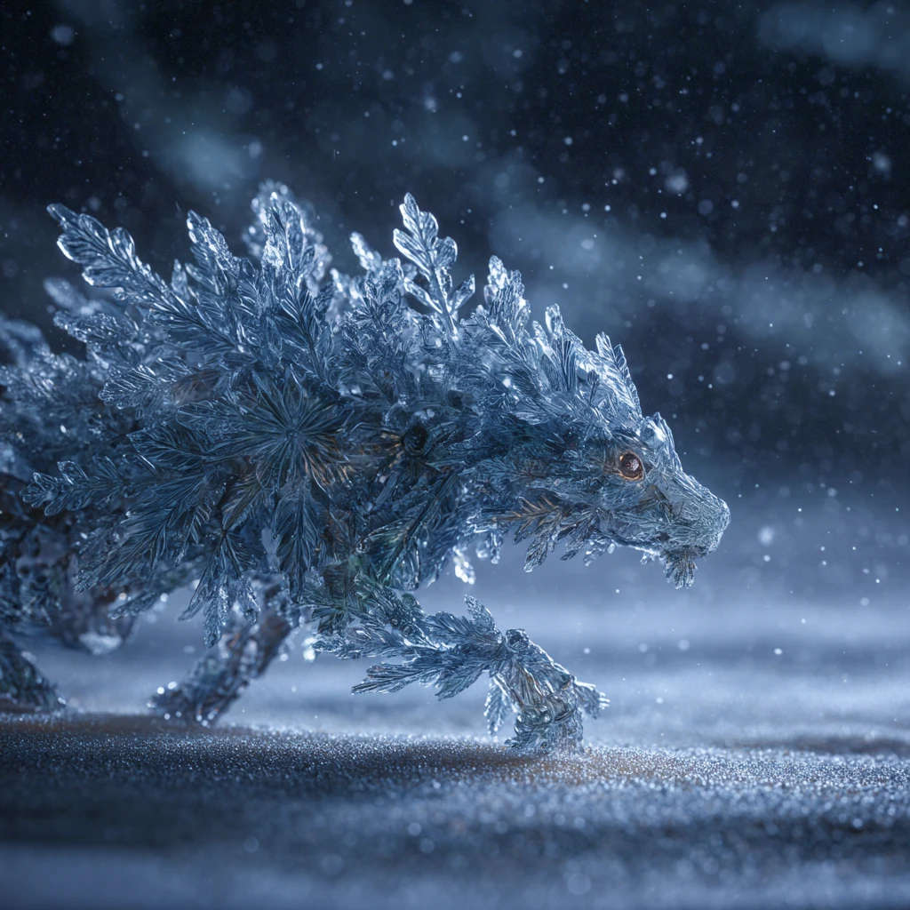 Snowflake creature wandering across a glowing frozen tundra