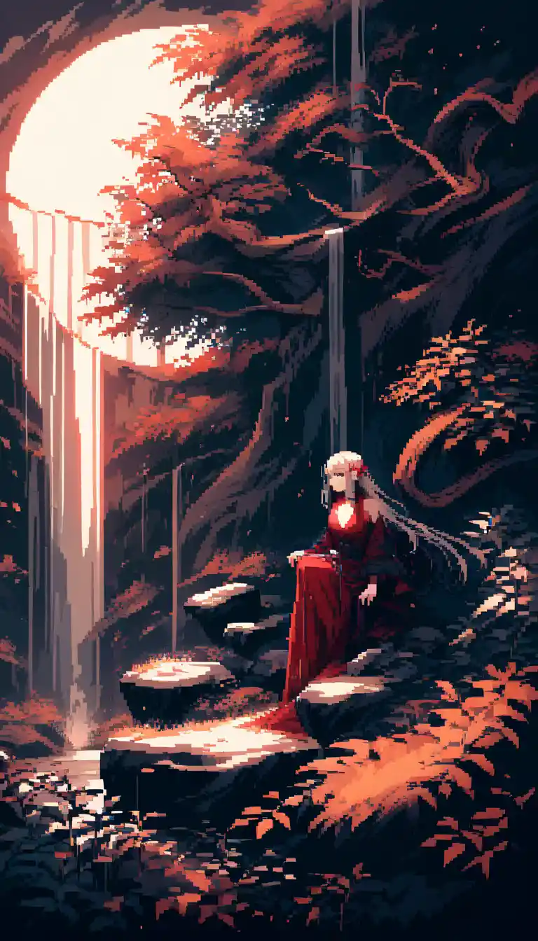 Chica en pixel art junto a un árbol a la luz de la luna sobre una cascada brumosa