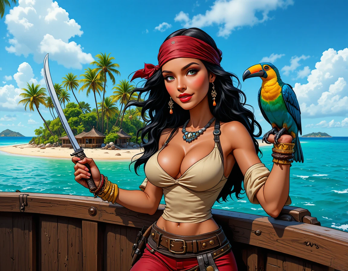 Pirati latina con tucano sul ponte di una nave tropicale