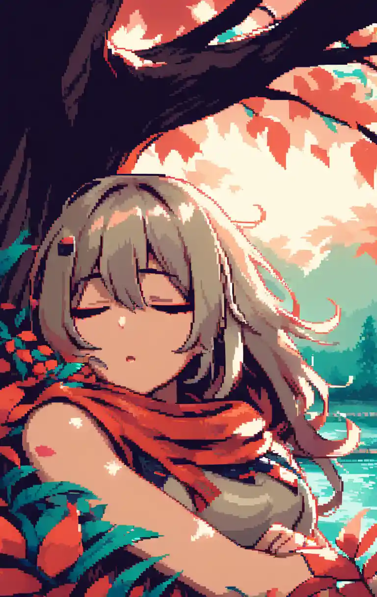 Pixel art tribal warrior girl resting beneath blossoming tree