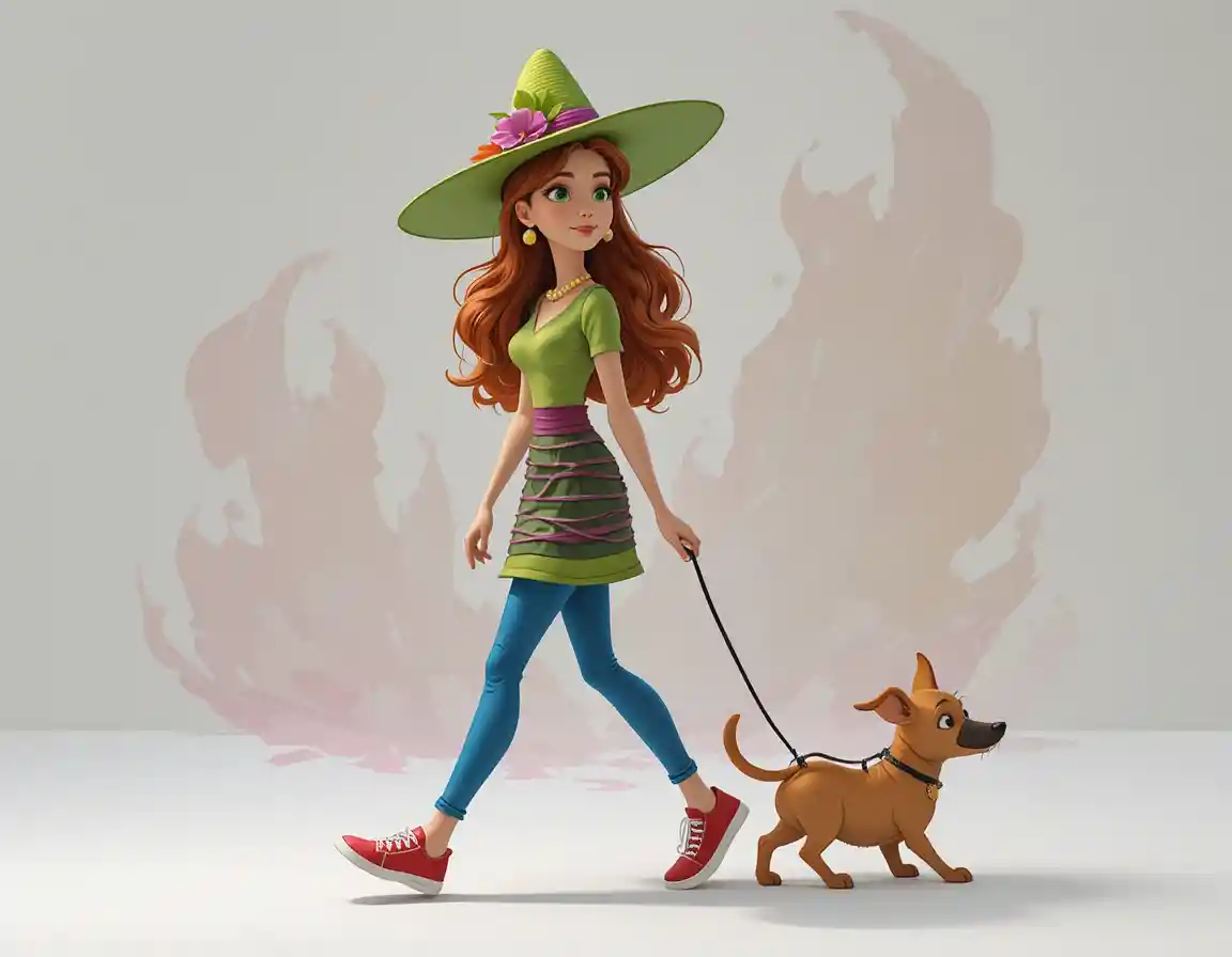 Red haired girl walking a playful dog in cartoon style