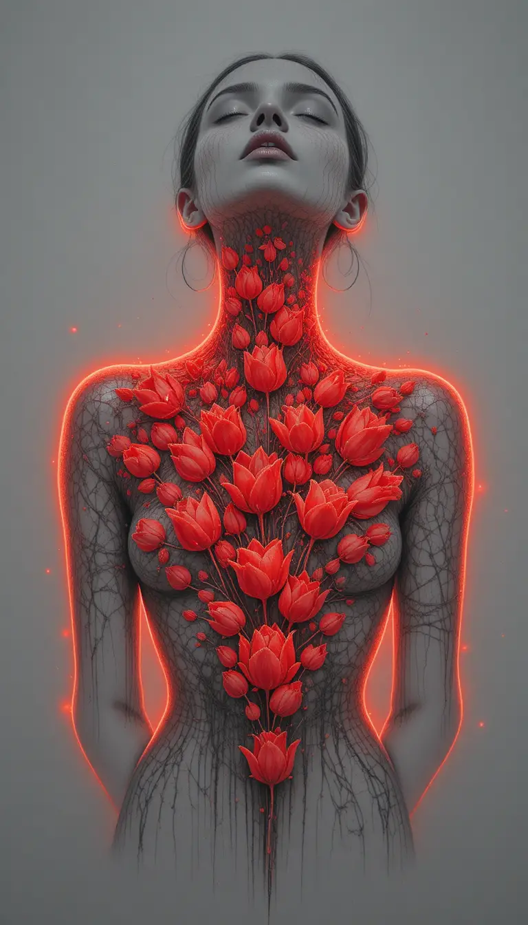 Close up neckline made of glowing red tulip blossoms