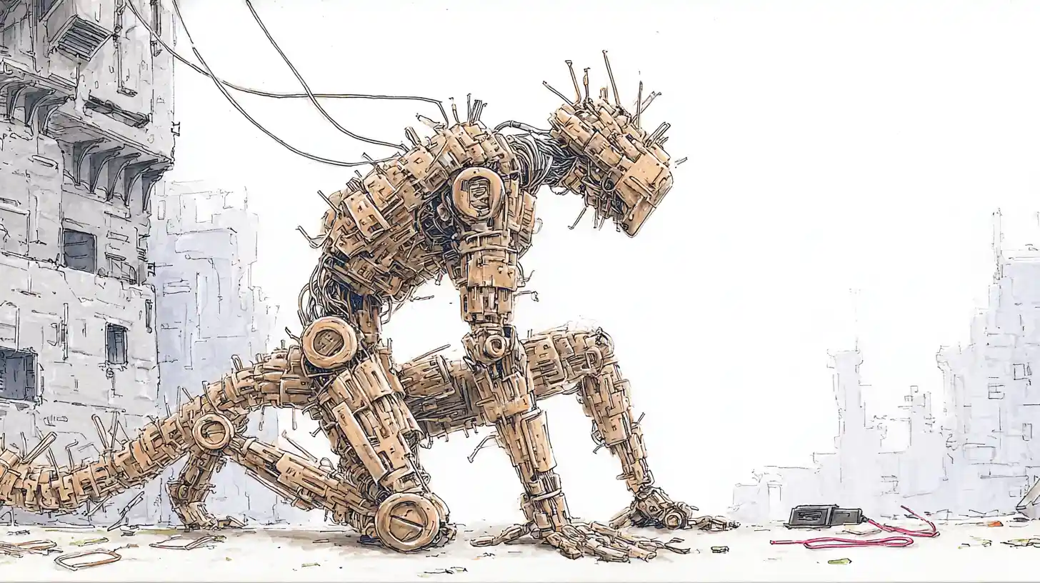 Guerriero androide di rame in una città cyberpunk in rovina