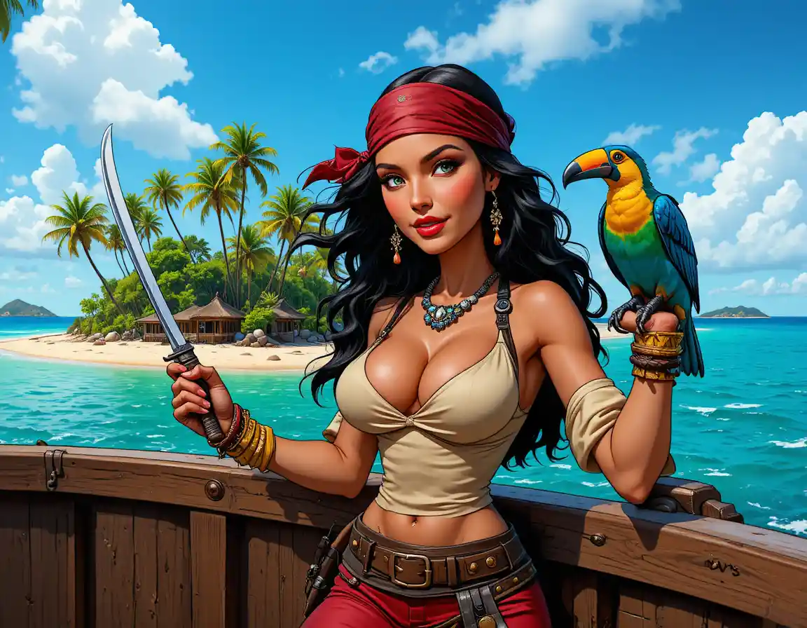 Pirati latina con tucano sul ponte di una nave tropicale