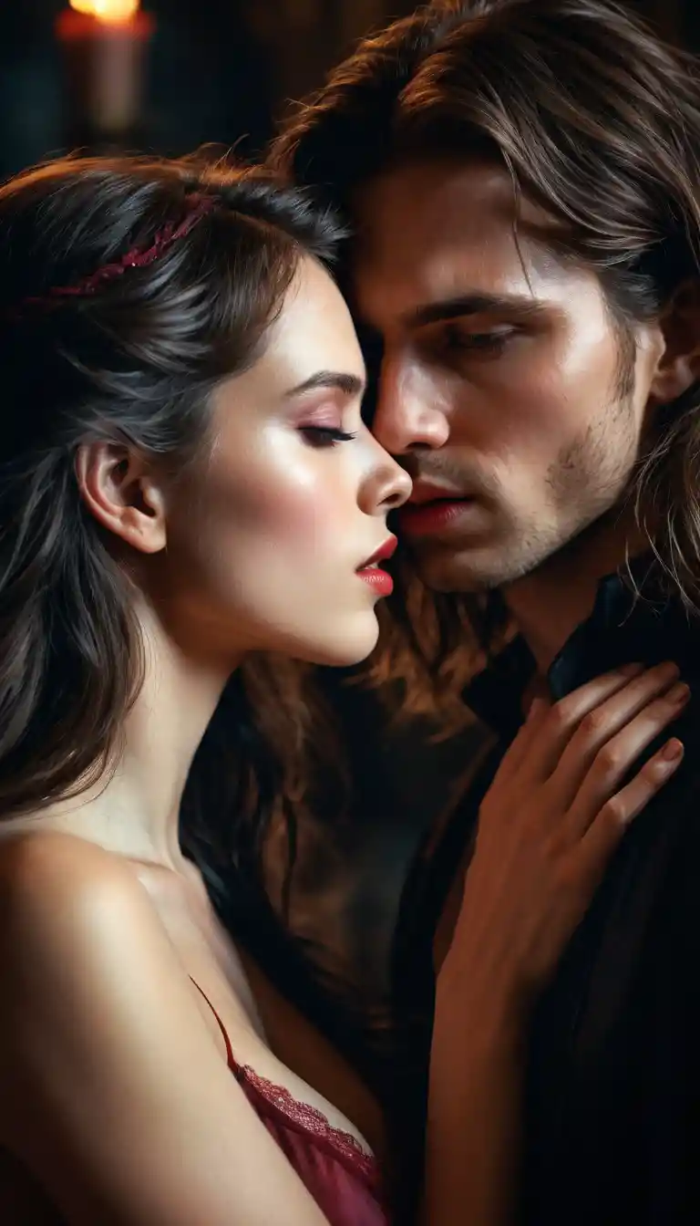 Close up romantic moment with a woman vampire and young man