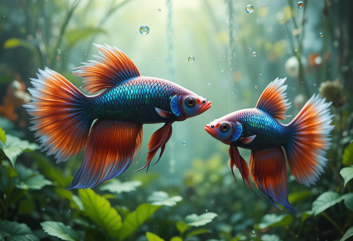 Colorful Siamese Fighting Fish In Lush Aquatic Plants