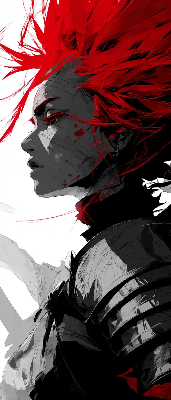 Fierce anime warrior woman in dramatic side profile