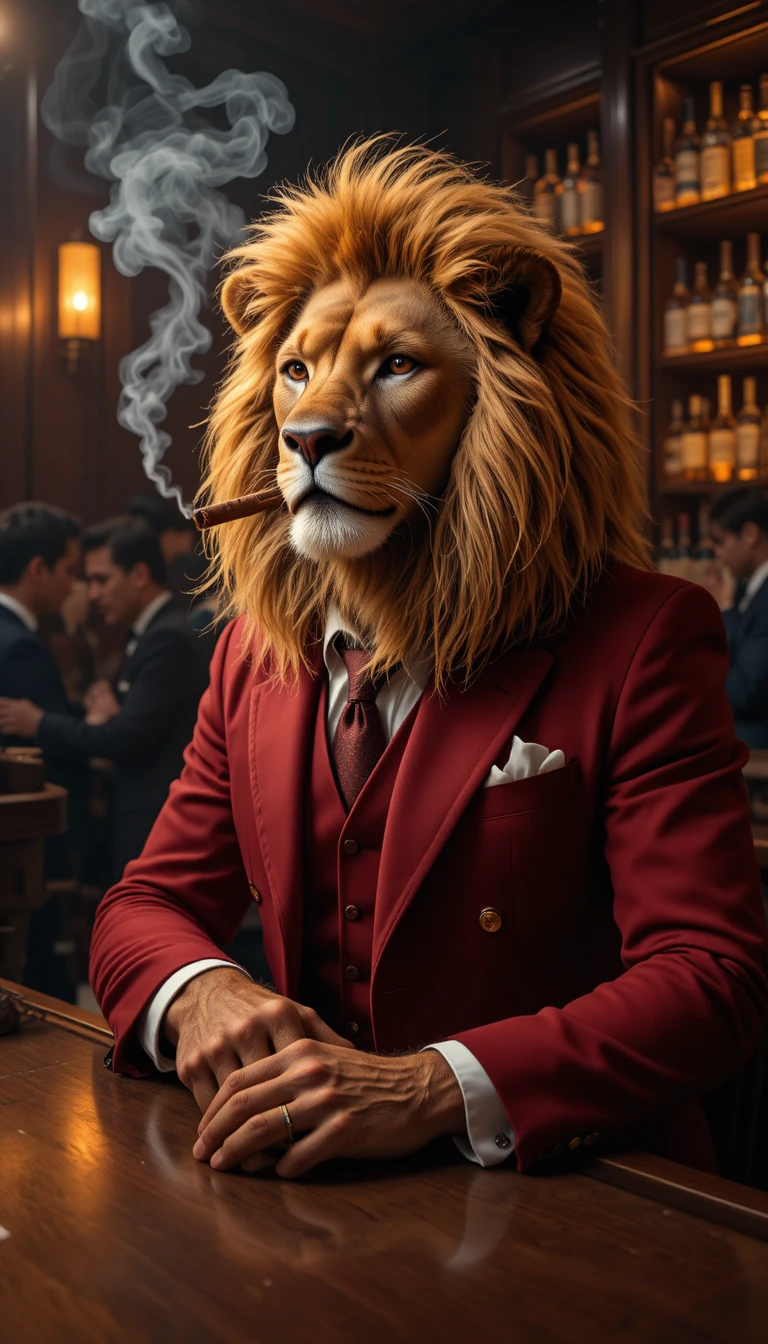 Leão majestoso de terno vermelho em um clássico bar de mogno
