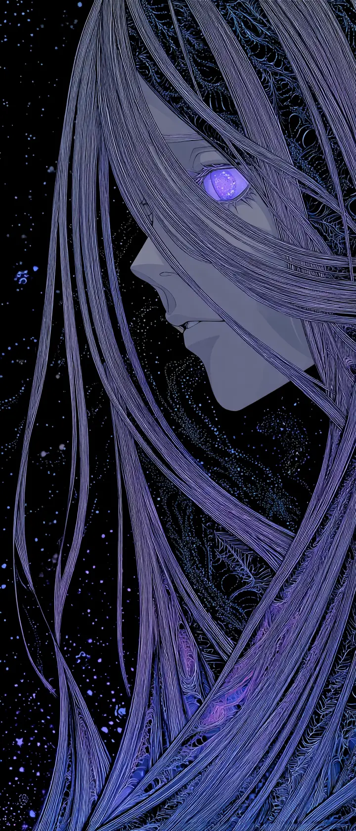 旋繞陰影與星光虛空中的超現實動漫側影