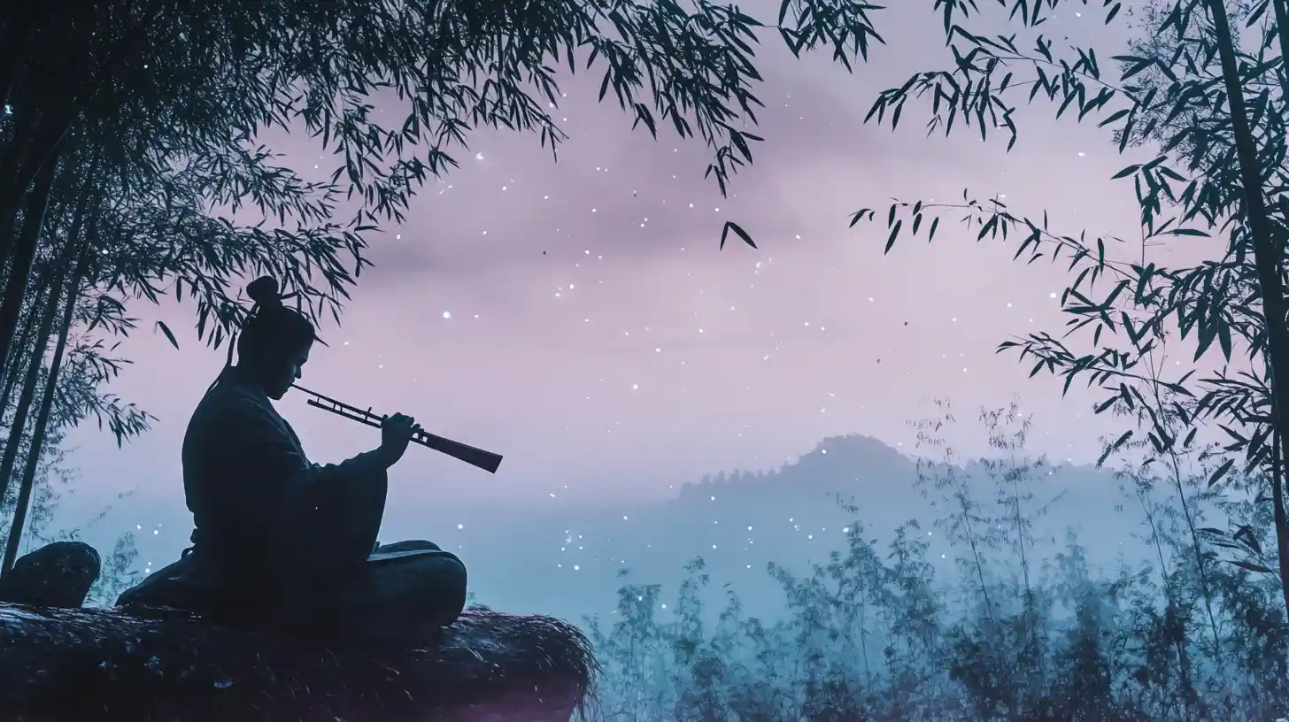 Guerrero Tocando la Flauta Sobre un Bosque de Bambú al Crepúsculo