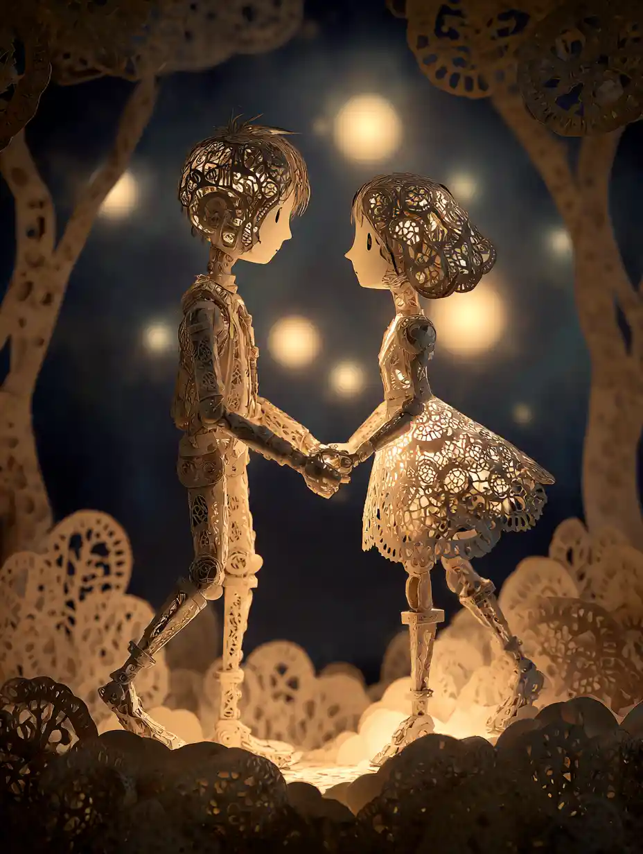 Dreamlike paper steampunk couple dancing in warm spotlight