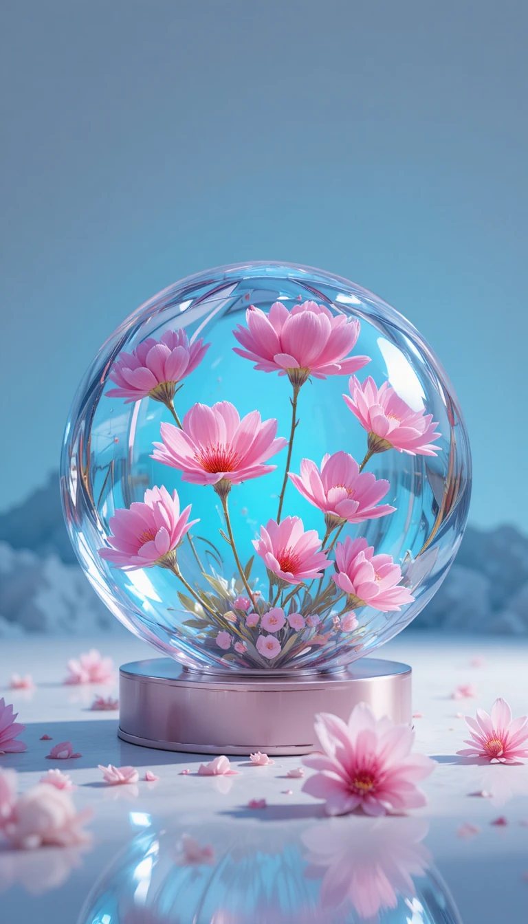 Leuchtende Glaskugel mit Frühlingsblumen auf weichem blauem Hintergrund