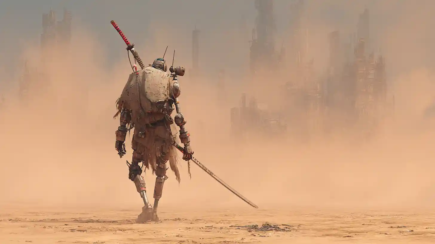 Guerreiro robô antigo caminhando por uma forte tempestade no deserto